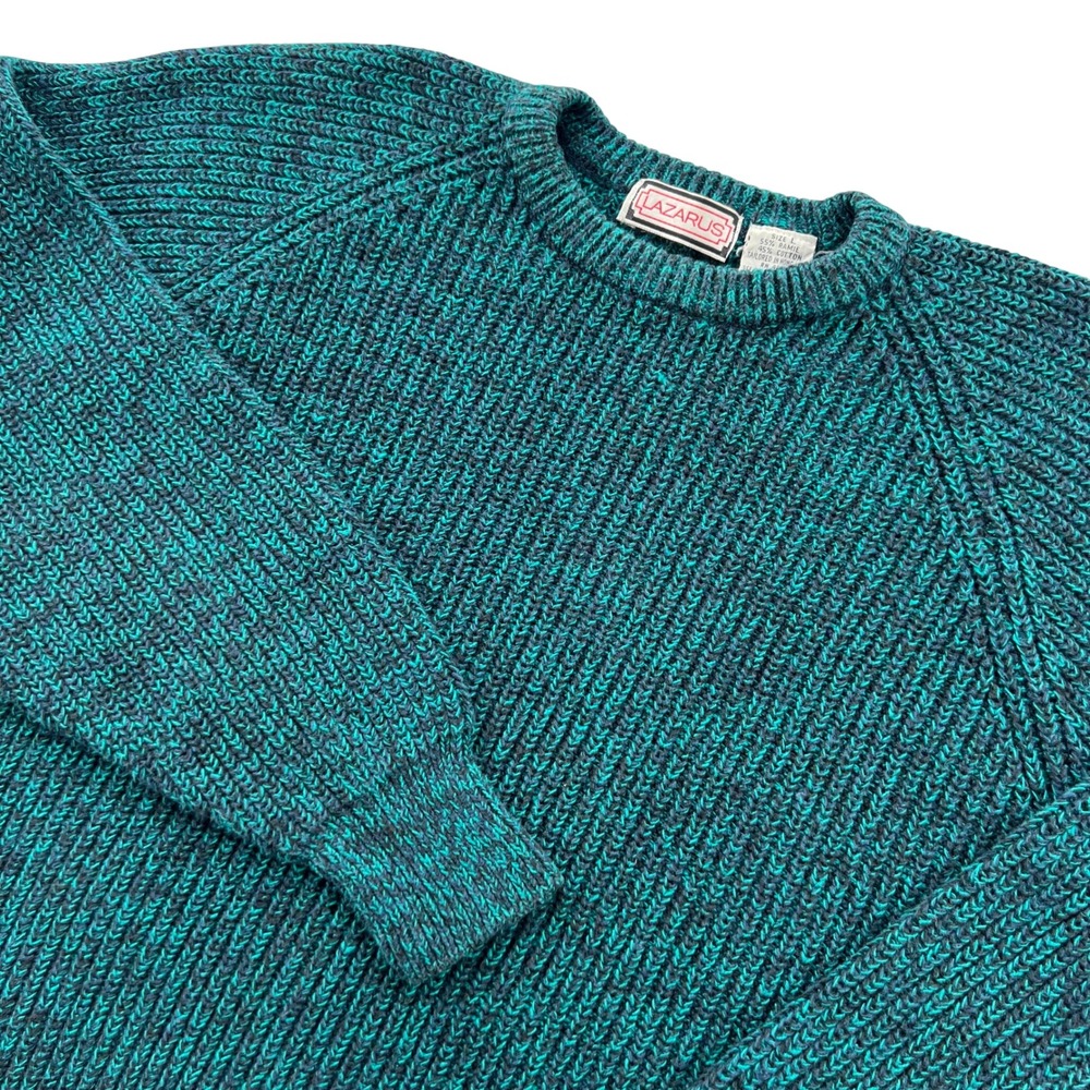 Vintage 90s Lazarus Sweater Mens L Teal Marled Knit Chunky Ramie Cotton Retro